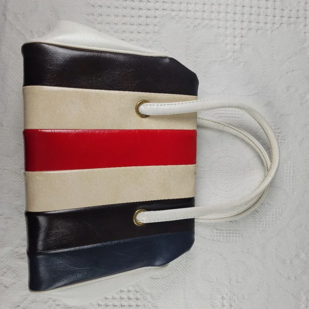 Vintage purse frame bag MCM classic white blue black cream red wide retro stripe - Picture 6 of 12